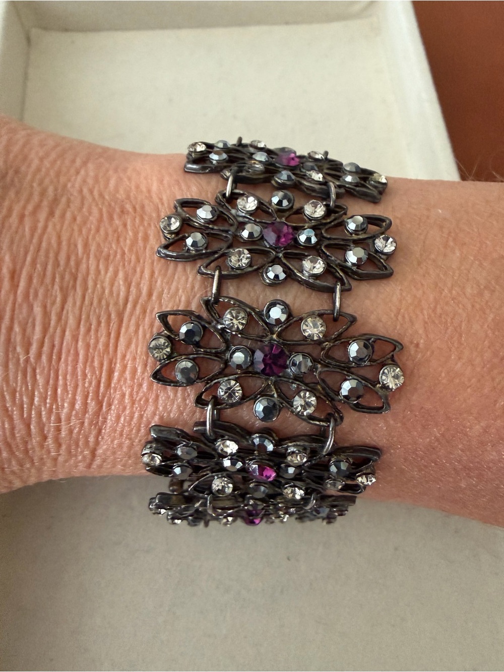 Gunmetal Floral  Bracelet with Purple and Clear Crystals